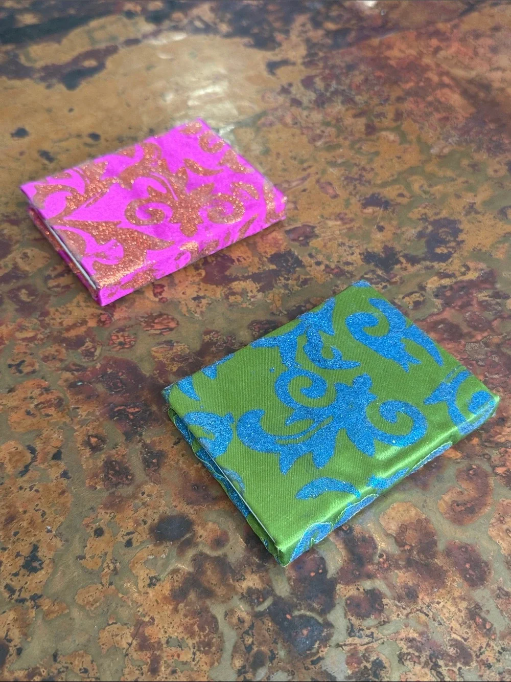 (2) Mini Decorative Satin JournalsLime Green Blue Glitter, Pink Orange Glitter